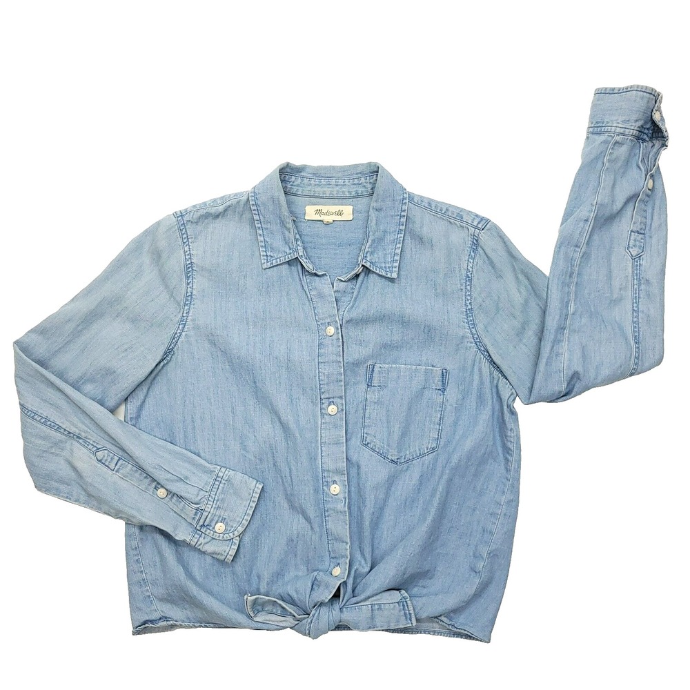 Madewell Blouse Women M Blue Denim‎ Tie Front Long Sleeve Button Country Western